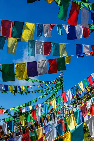 Banderas budistas de oración lunga en McLeod Ganj, Himachal Pradesh, India — Foto de Stock
