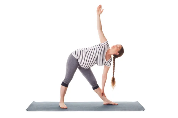 Ejercicio Yoga Durante Embarazo Mujer Embarazada Haciendo Asana Utthita Trikonasana —  Fotos de Stock