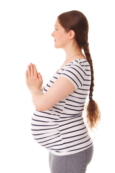 Schwangere beim Yoga asana asana Tadasana namaste -Mountain posiert mit Anrede — Stockfoto