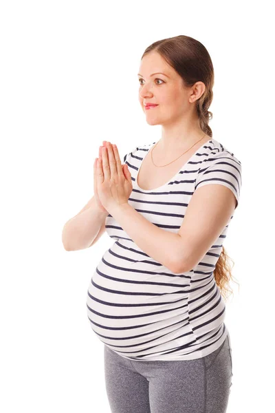 Hamile kadın yoga yapıyor, asana asana Tadasana namaste. — Stok fotoğraf