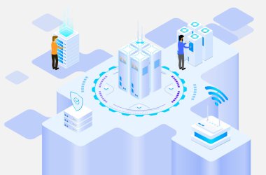 veri merkezi ya da sunucu odası veri işleme işleme güvenlik koruması ve izometrik tasarım biçimi ile bakım - vektör