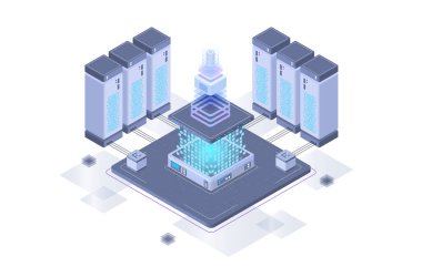 veri merkezi ya da sunucu odası veri işleme işleme güvenlik koruması ve izometrik tasarım biçimi ile bakım - vektör