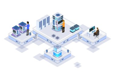 veri merkezi ya da sunucu odası veri işleme işleme güvenlik koruması ve izometrik tasarım biçimi ile bakım - vektör