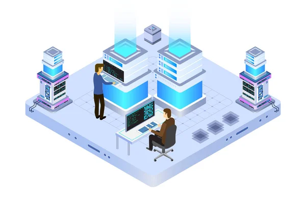 データセンターまたはサーバールームの処理セキュリティ保護とアイソメトリックデザインスタイルのメンテナンスによるデータ操作 ベクトル — ストックベクタ