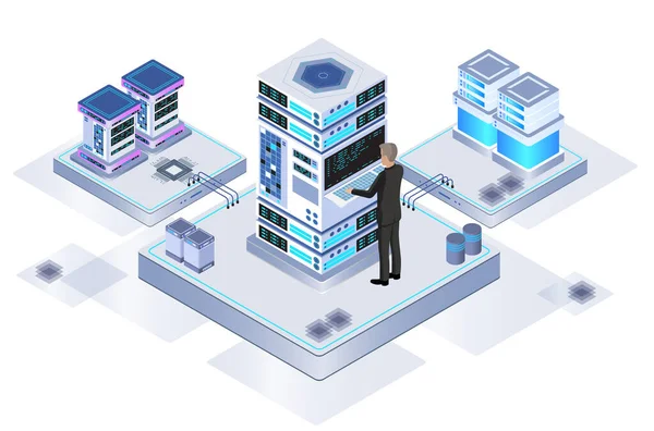 Обработка Данных Центре Обработки Данных Серверном Помещении Защитой Обслуживанием Изометрическим — стоковый вектор