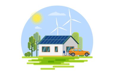 Ekoloji - Elektrikli araba - Modern düz vektör konsepti Güneş panelleri ve elektrikli araba çizimi.