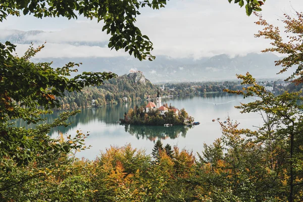 Вид Церкву Успіння Озері Блед Словенія Восени Барвистими Деревами — стокове фото