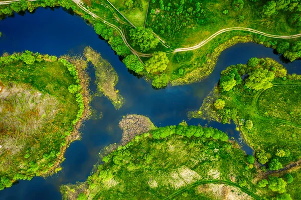 Aerial Landskab Blå Grønne Felt Top Visning Smukke Natur Baggrund - Stock-foto