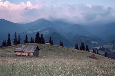 Karpat Dağları yaz manzarası bulutlu gökyüzü ve ev, doğal yaz yolculuğu arka planı.