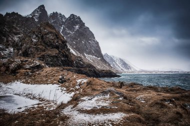 Kuzey Norveç 'teki Lofoten Adaları' ndaki kırmızı çimlerde mavi gökyüzü, dağlar ve karlı güzel kış deniz manzarası