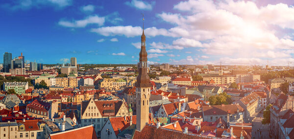 Aerial View of Tallinn Old Town. Panoramic view from above to the center part of capital of Estonia. Travel destination concept