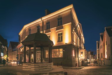 Tallinn city center at night, Estonia travel sightseeing background