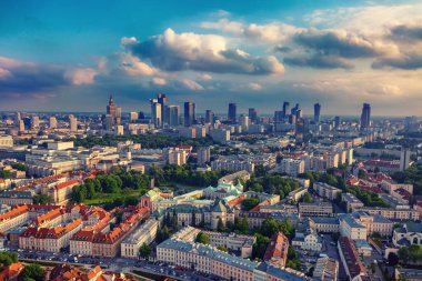 View of Warsaw modern business district with blue sky and clouds. Travel view