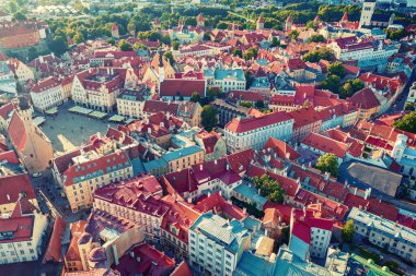 Tallinn Eski Kasabası 'nın havadan görünüşü. Estonya 'nın başkentinin merkezine yukarıdan bak. Seyahat hedefi kavramı
