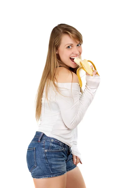 女性食べるバナナ — ストック写真
