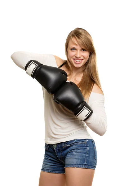 Pretty woman with boxing gloves — Stock Photo, Image