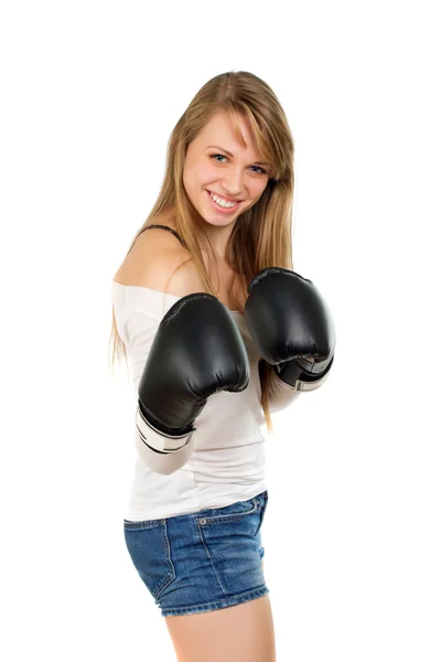 Jovem loira com luvas de boxe — Fotografia de Stock