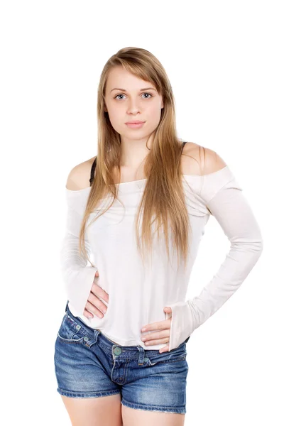 Blond woman touching tummy — Stock Photo, Image