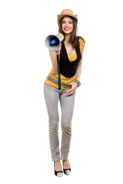 Brunette with a loudspeaker — Stock Photo, Image
