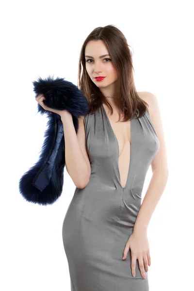 Playful lady with fur — Stock Photo, Image