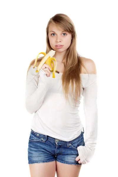 Vrouw bedrijf banaan — Stockfoto