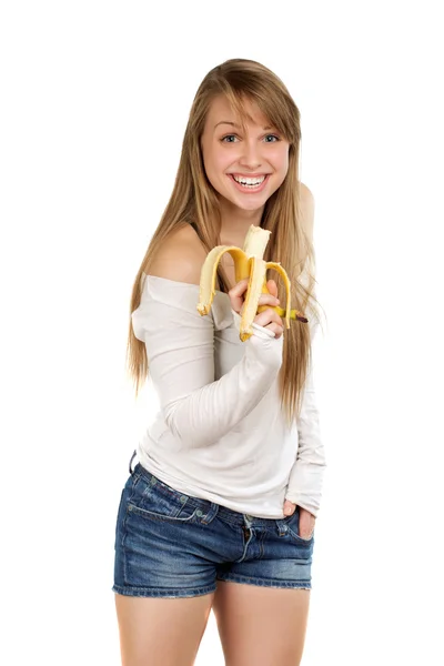 Joyful woman holding banana — Stock Photo, Image