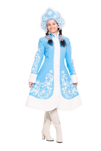 Young brunette in a suit of snow maiden — Stock Photo, Image