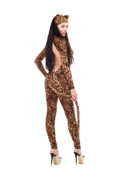 Smiling woman in leopard suit — Stock Photo, Image