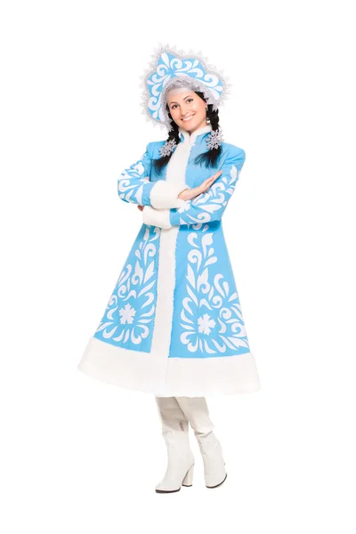 Speelse brunette poseren in sneeuw maiden kostuum — Stockfoto