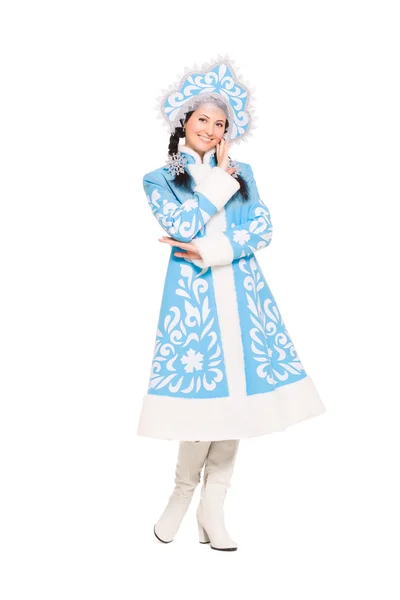 Mooie brunette in sneeuw maiden kostuum — Stockfoto