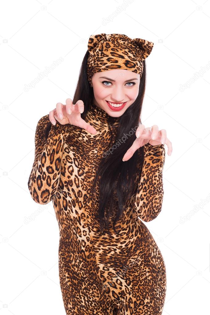 Beautiful young woman in leopard suit — Stock Photo © acidgrey 49260335