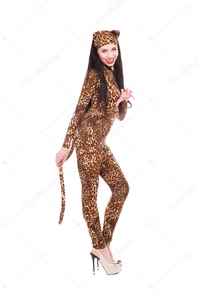 Attractive woman in leopard suit