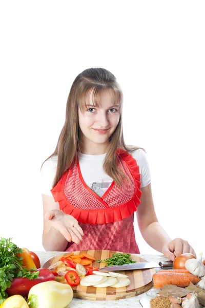 Girl prepares and offers salads — Stock Photo, Image