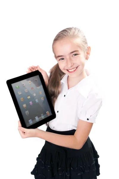 女孩与 ipad 一样的小工具 — 图库照片