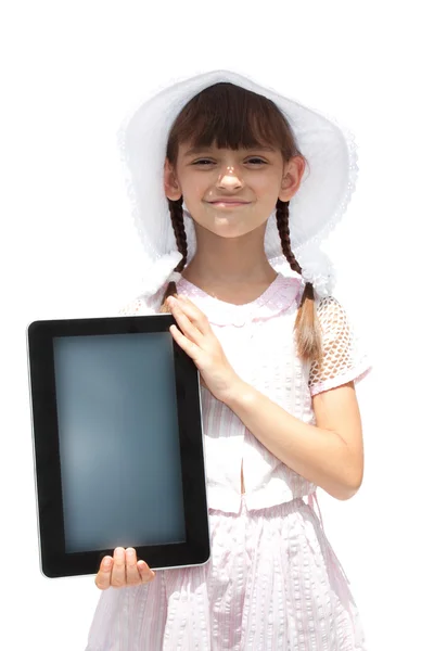 Mädchen mit iPad wie Gadget isoliert weißen Hintergrund — Stockfoto