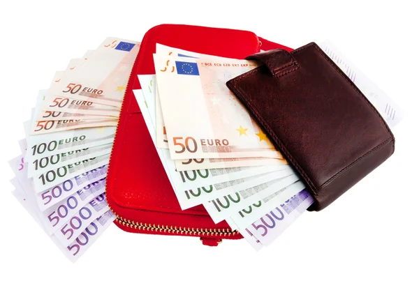 Deri cüzdan ve Avrupa para, euro — Stok fotoğraf