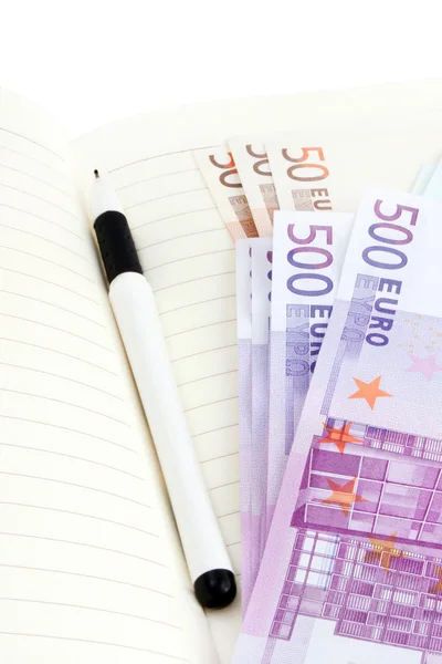 Notas, caderno e caneta de euro — Fotografia de Stock