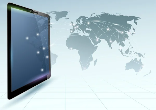 Globala anslutningar kontrolleras via tablett enhet全球控制通过平板电脑设备的连接 — Stock vektor