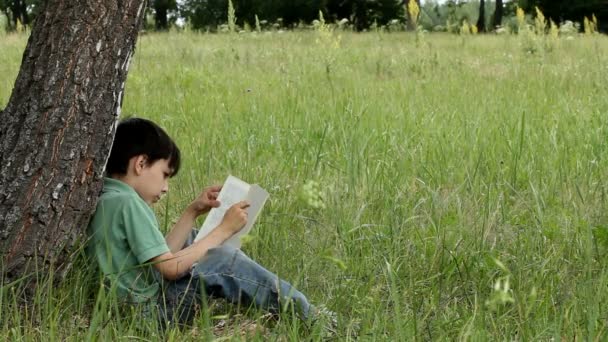 Chłopiec czyta książki poza — Wideo stockowe
