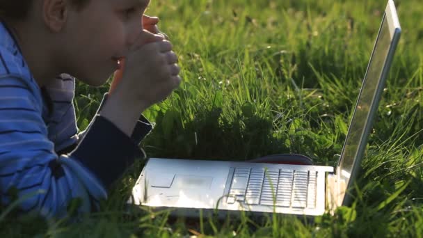 Pojken med sin laptop utomhus i parken på gräs — Stockvideo