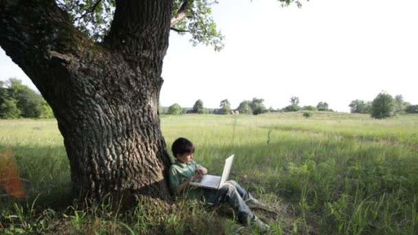 Jongen en laptop. aard. zomer. groen gras — Stockvideo