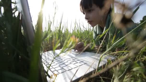 Pojke och laptop. natur. sommaren. grönt gräs — Stockvideo