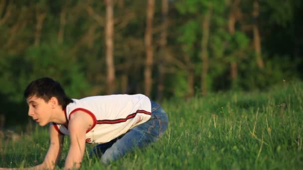 Adolescente con portátil descansando en el prado — Vídeo de stock