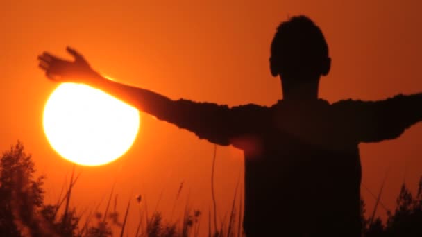 Fiú csinál jóga gyakorlatok mező napkeltekor — Stock videók