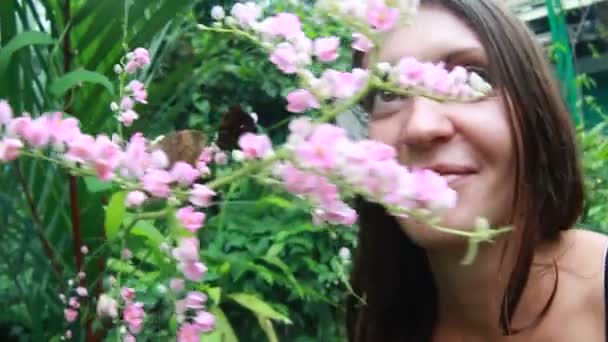 Schönes Mädchen mit Schmetterlingen — Stockvideo