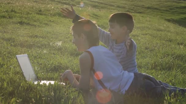 Adolescentes con portátil descansando en el prado . — Vídeo de stock