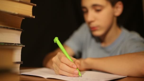 Boy writes in a notebook — Stock Video