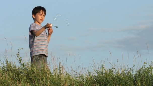 Pojken blåser bubblor i ett fält — Stockvideo