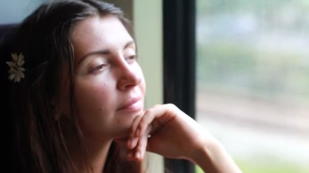 Νεαρή γυναίκα που ταξιδεύει με τρένο — Αρχείο Βίντεο
