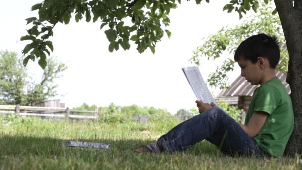 Pojke läser bok utomhus — Stockvideo